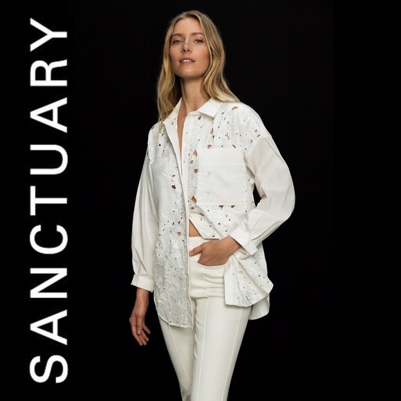 Sanctuary Tops - Sanctuary Lace Boyfriend Tie Back White Shirt | Size Small